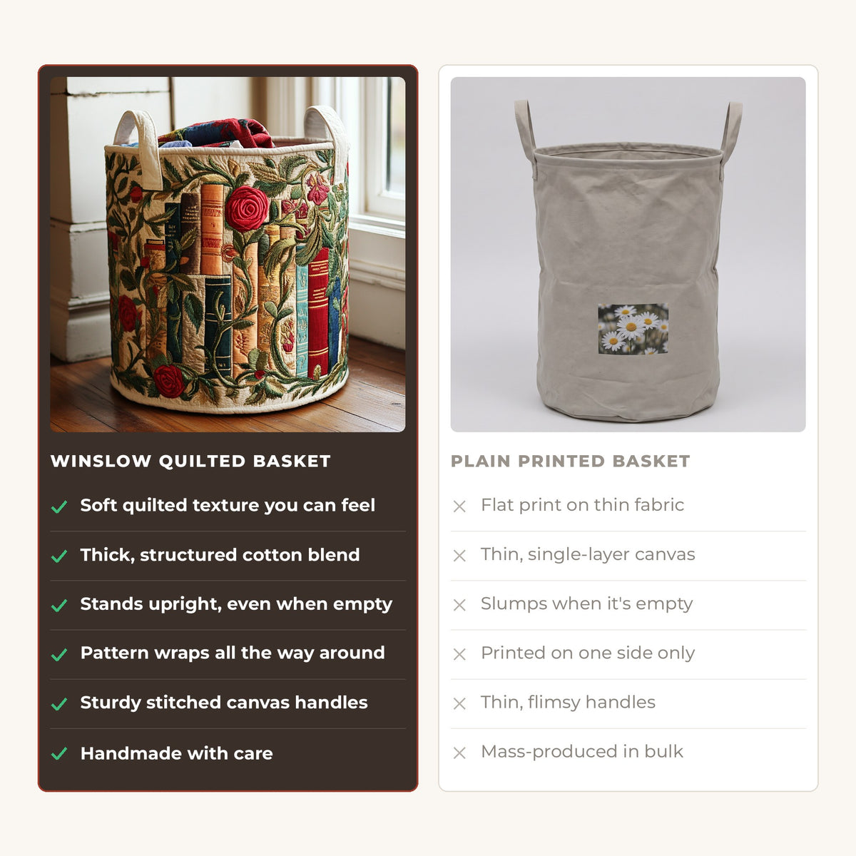 Quilted Laundry Basket - Natural compared with a plain printed basket