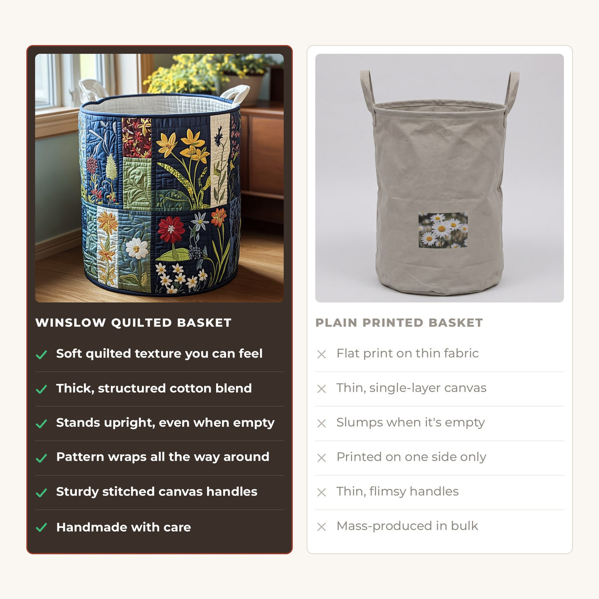 Quilted Laundry Basket - Natural Happiness compared with a plain printed basket