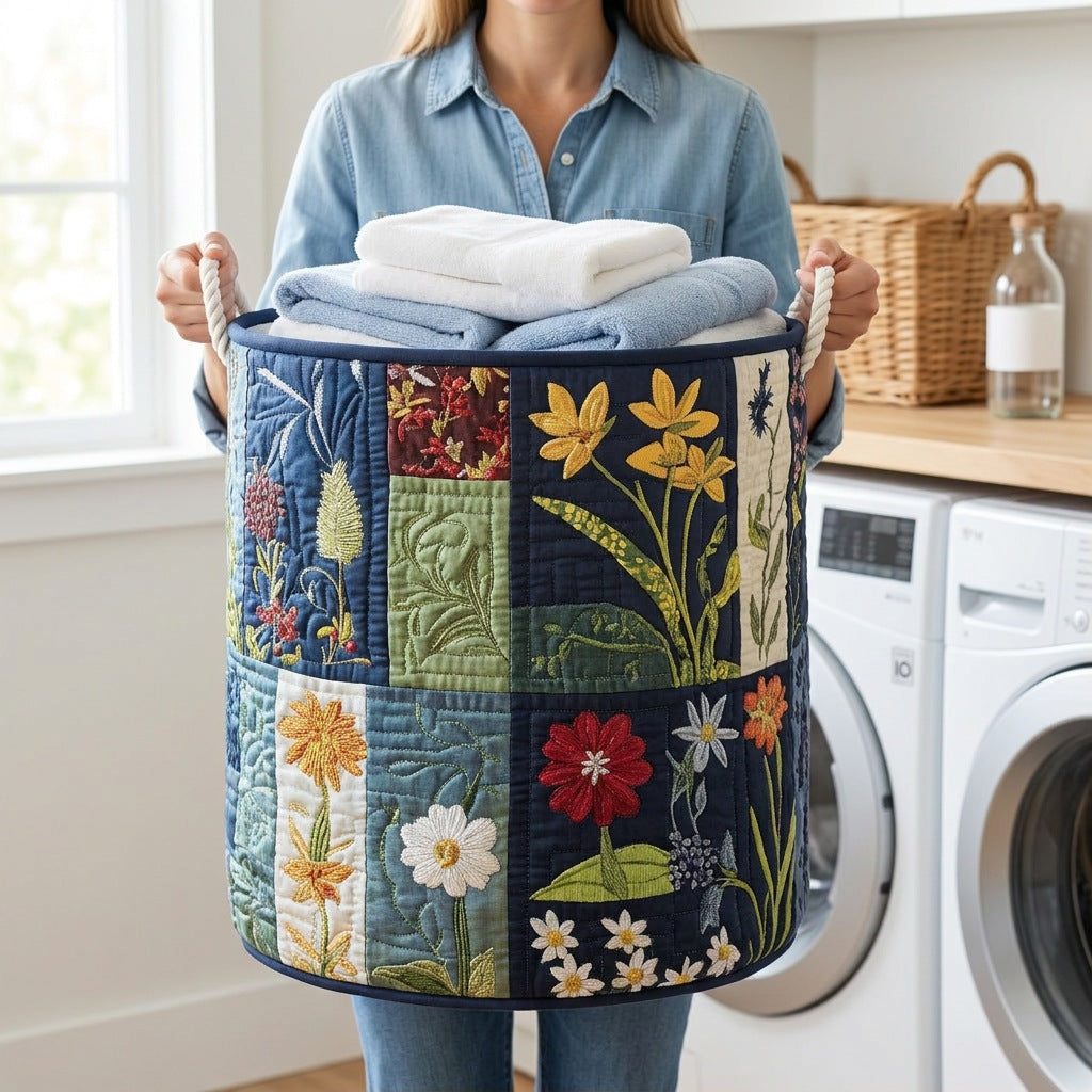 Quilted Laundry Basket - Natural Happiness held in a laundry room, filled with towels