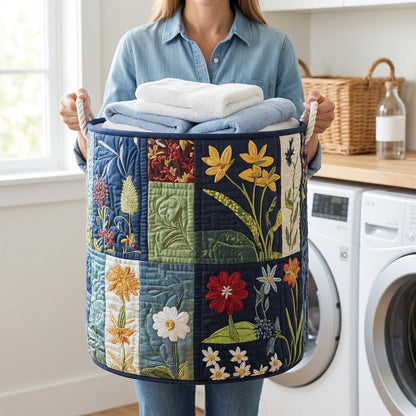 Quilted Laundry Basket - Natural Happiness held in a laundry room, filled with towels