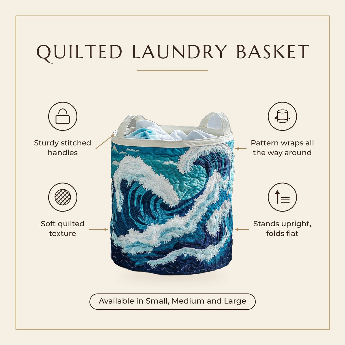 Quilted Laundry Basket - Ocean Wave features infographic