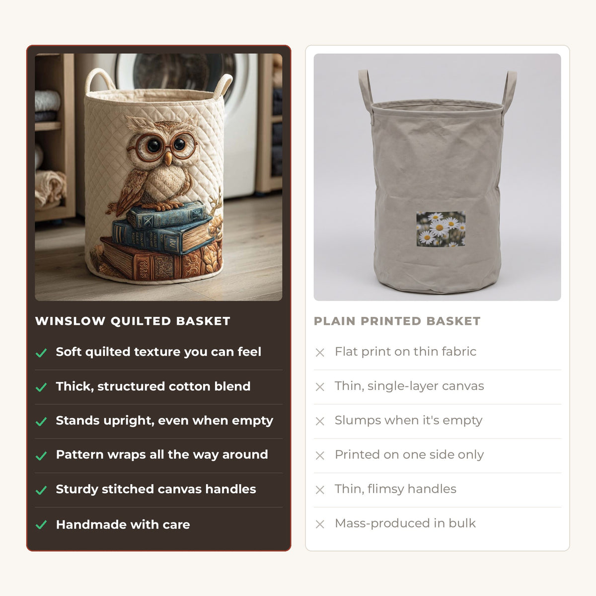 Quilted Laundry Basket - Owl compared with a plain printed basket