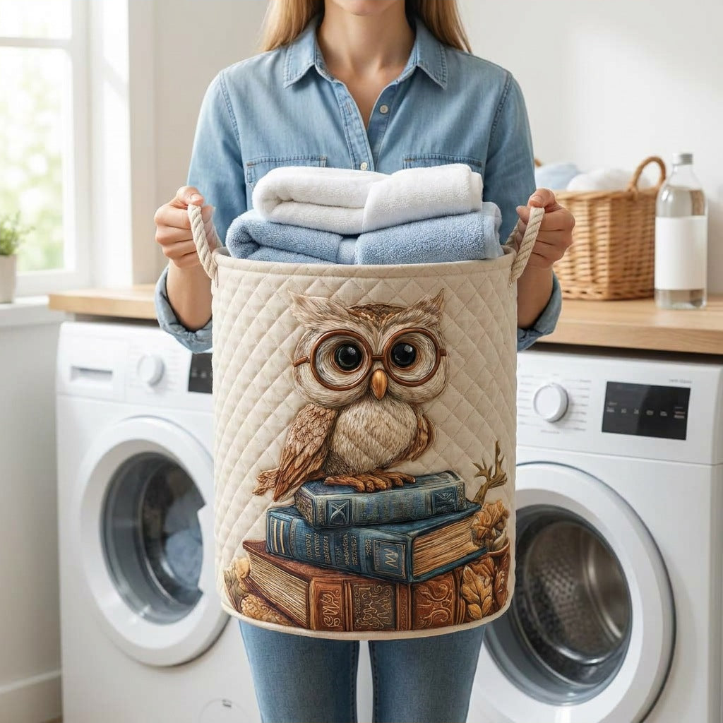 Quilted Laundry Basket - Owl held in a laundry room, filled with towels
