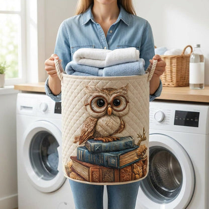 Quilted Laundry Basket - Owl held in a laundry room, filled with towels