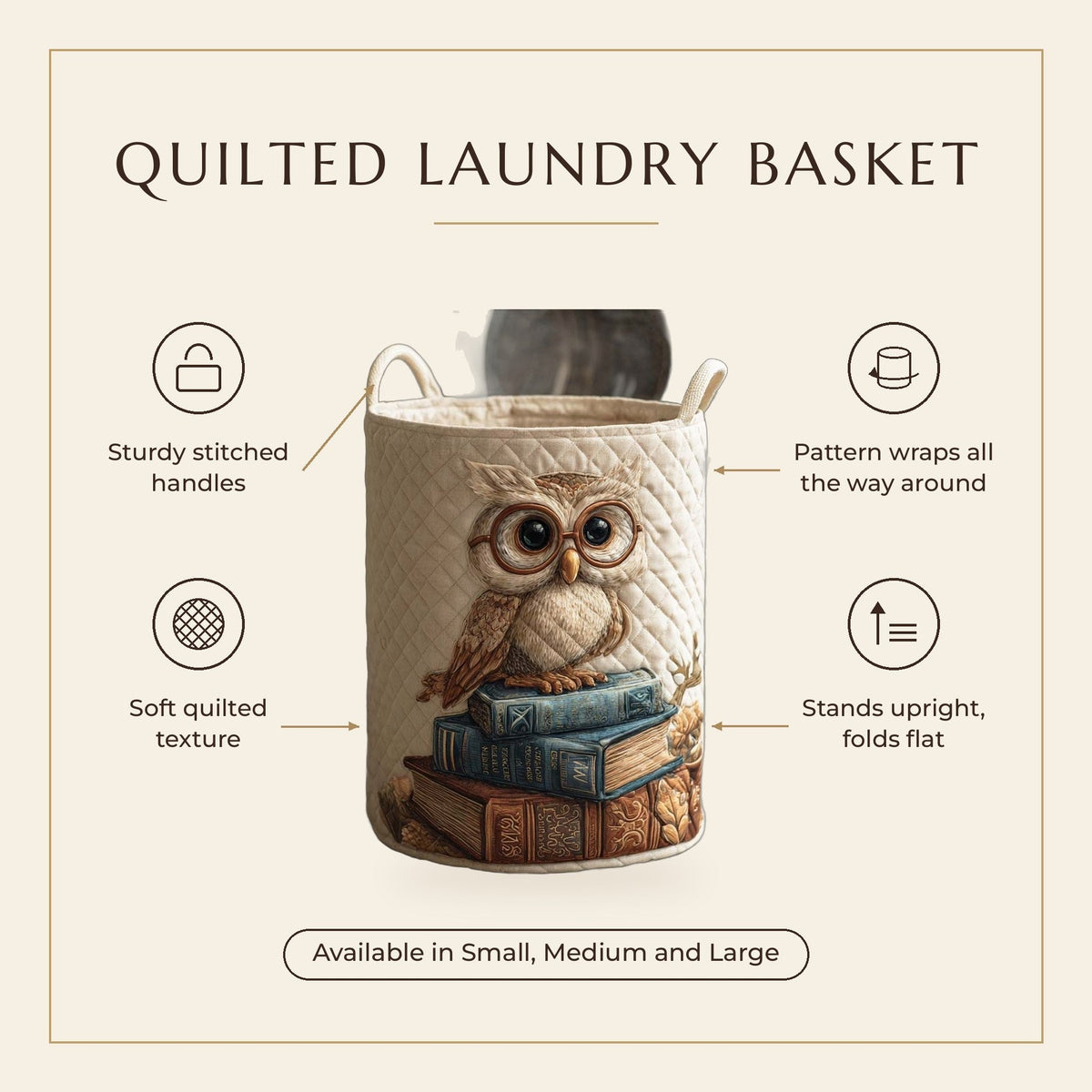 Quilted Laundry Basket - Owl features infographic
