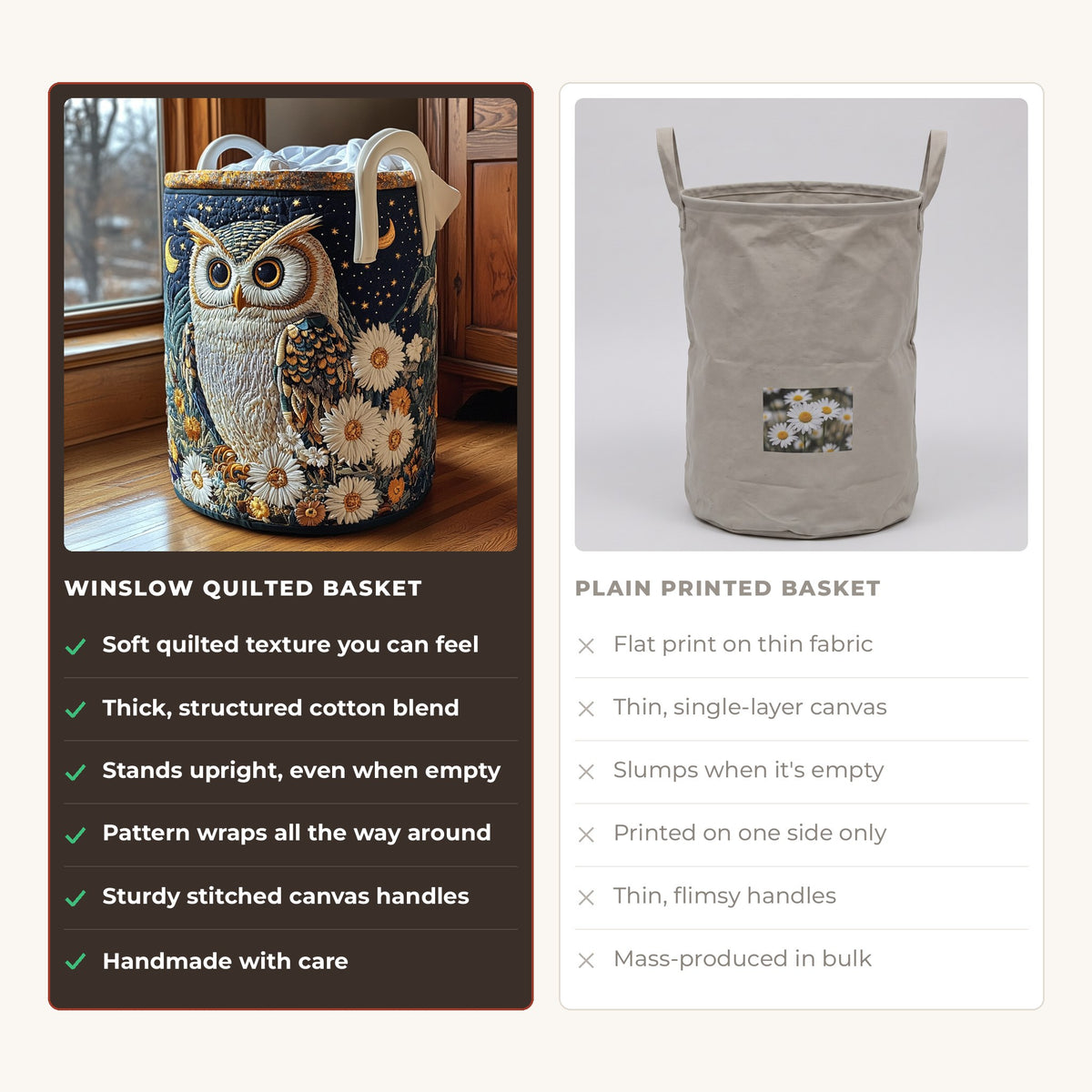 Quilted Laundry Basket - Owls compared with a plain printed basket