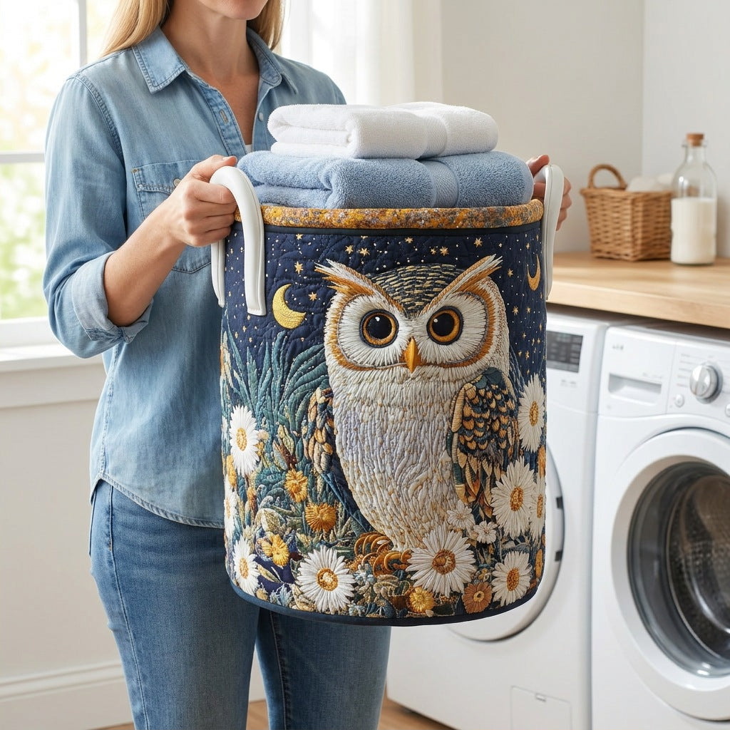 Quilted Laundry Basket - Owls held in a laundry room, filled with towels