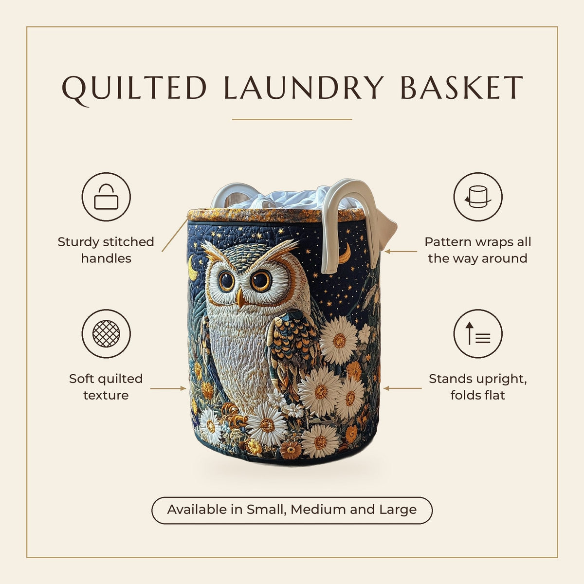 Quilted Laundry Basket - Owls features infographic