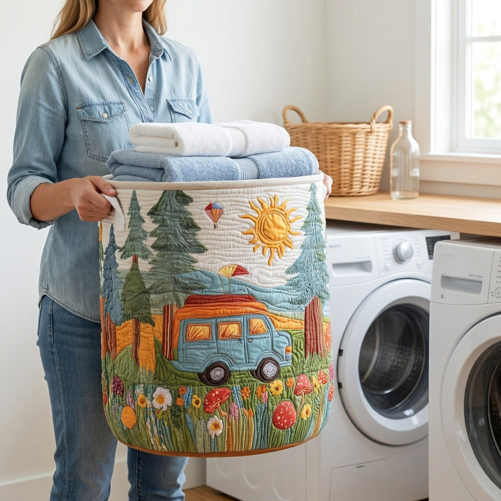 Quilted Laundry Basket - Peaceful Journey held in a laundry room, filled with towels