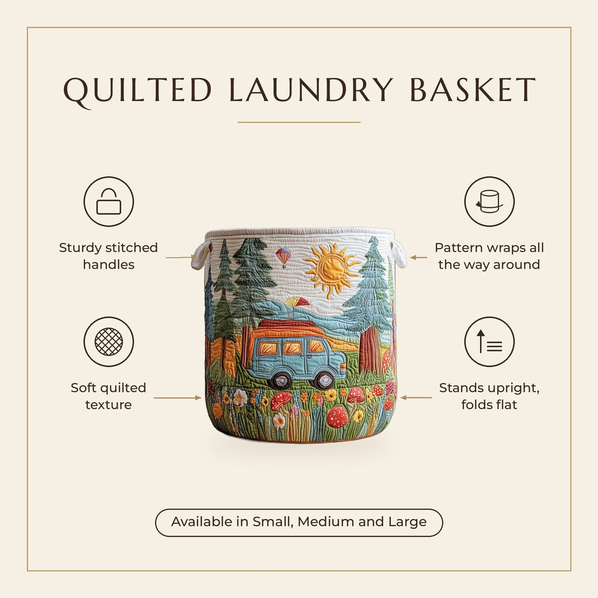 Quilted Laundry Basket - Peaceful Journey features infographic