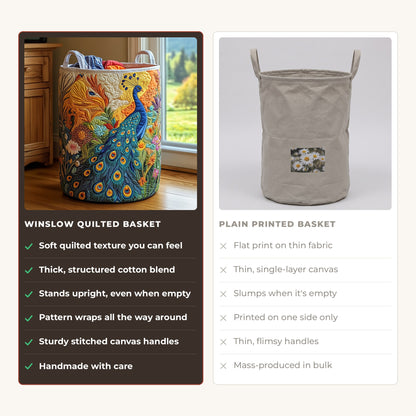 Quilted Laundry Basket - Peacock Glory compared with a plain printed basket