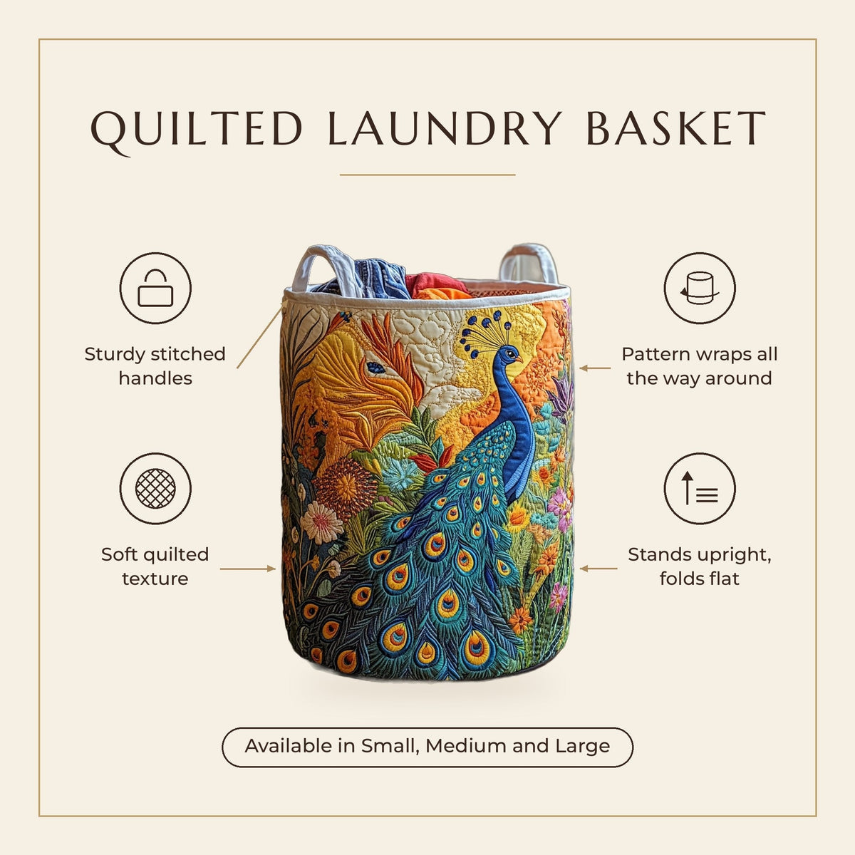 Quilted Laundry Basket - Peacock Glory features infographic