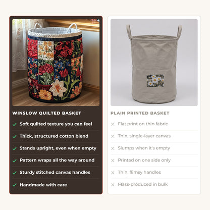 Quilted Laundry Basket - Petals compared with a plain printed basket