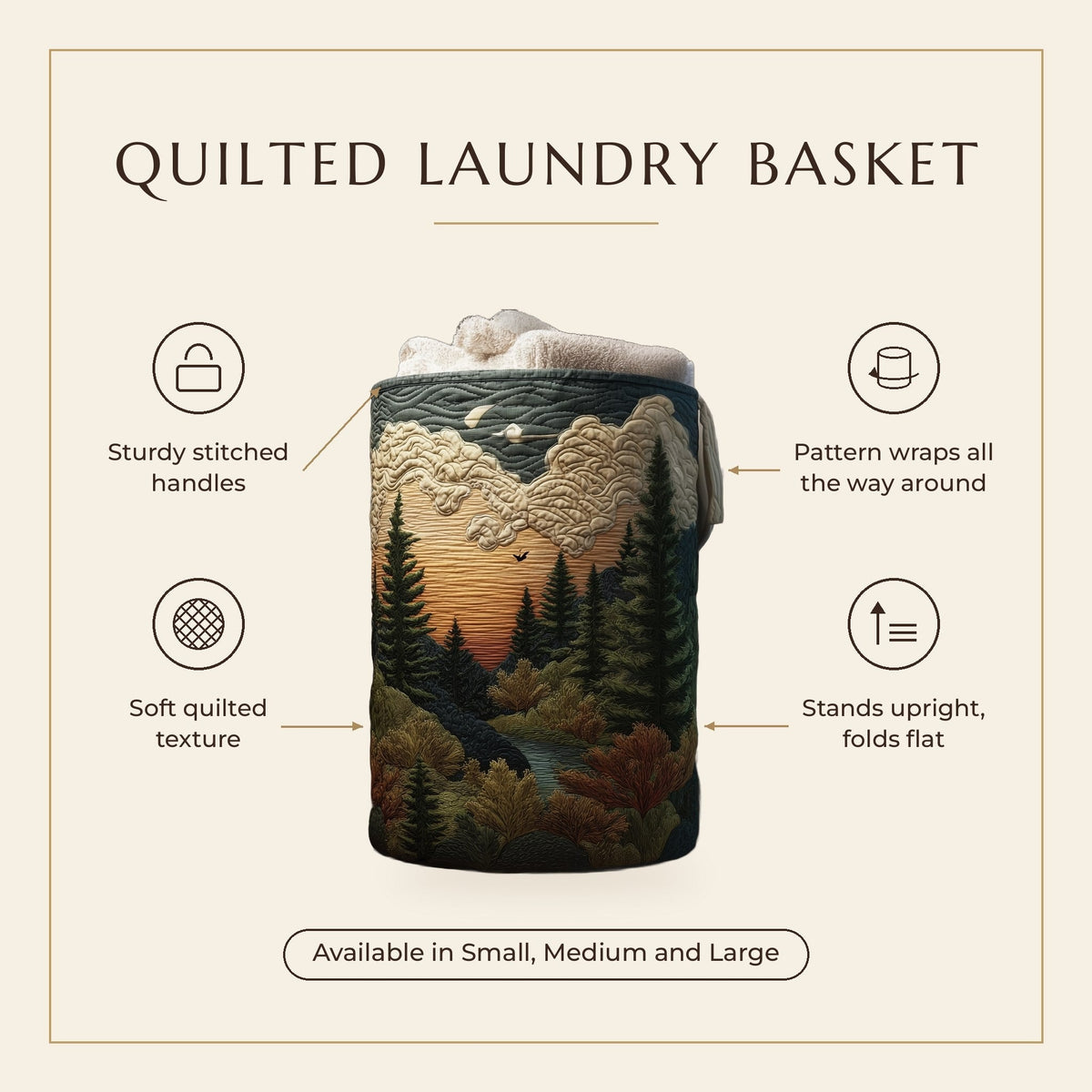 Quilted Laundry Basket - Pines at Sunset II features infographic