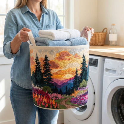 Quilted Laundry Basket - Pines at Sunset held in a laundry room, filled with towels