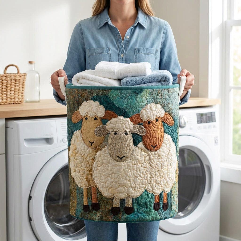 Quilted Laundry Basket - Plush Parade held in a laundry room, filled with towels