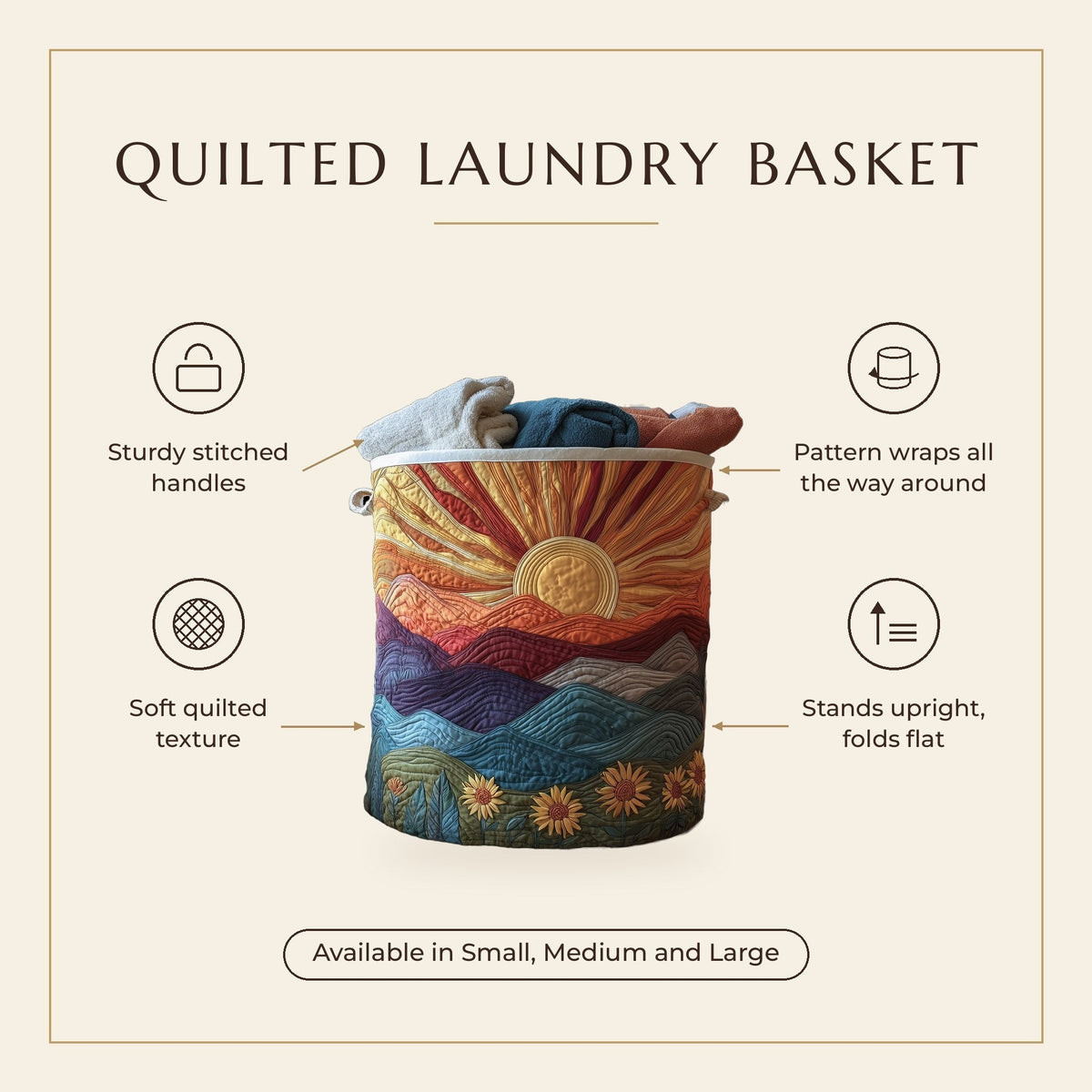 Quilted Laundry Basket - Prairie at Dawn features infographic