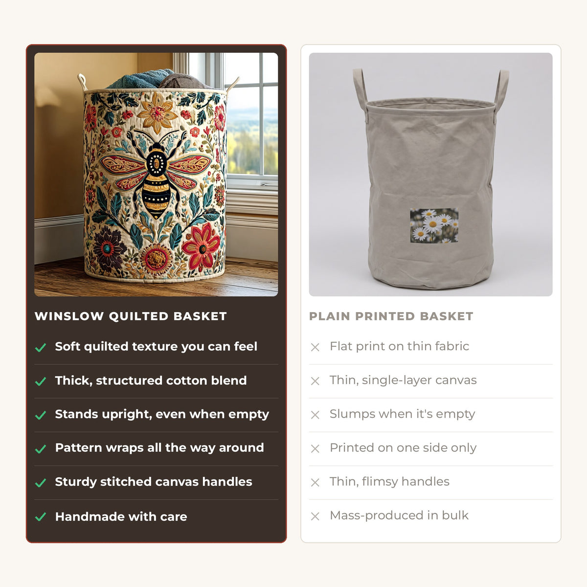 Quilted Laundry Basket - Prairie Spirit compared with a plain printed basket