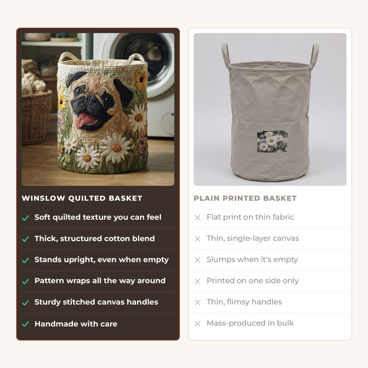 Quilted Laundry Basket - Pug Among the Daisies compared with a plain printed basket