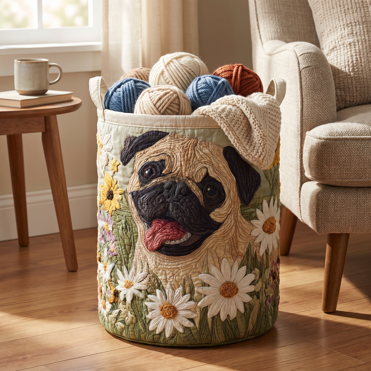 Quilted Laundry Basket - Pug Among the Daisies