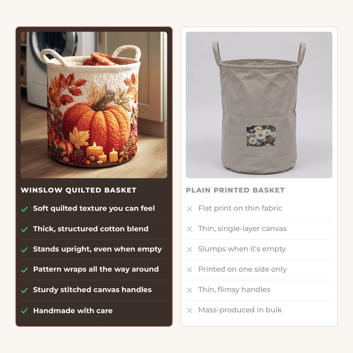 Quilted Laundry Basket - Pumpkin compared with a plain printed basket