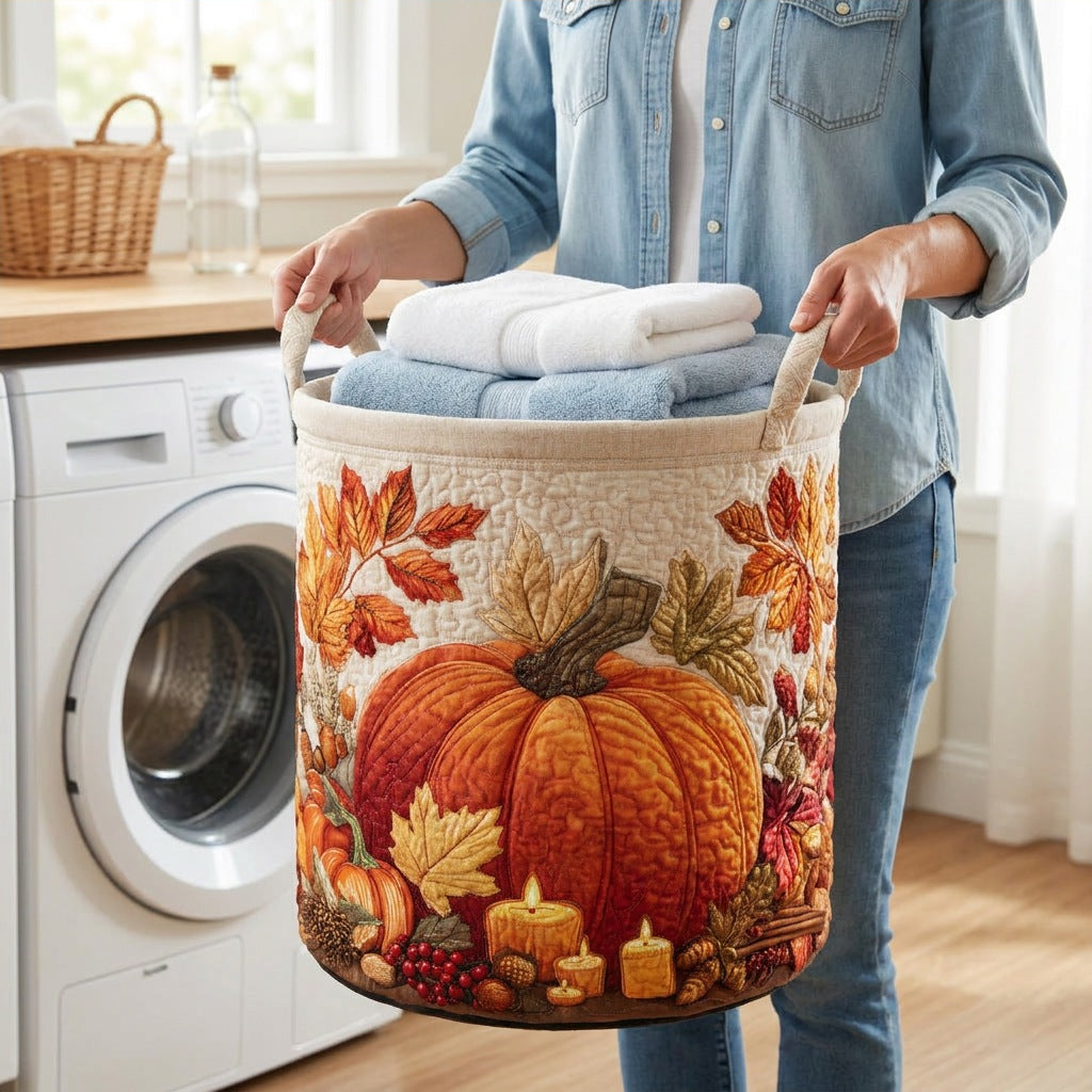 Quilted Laundry Basket - Pumpkin held in a laundry room, filled with towels