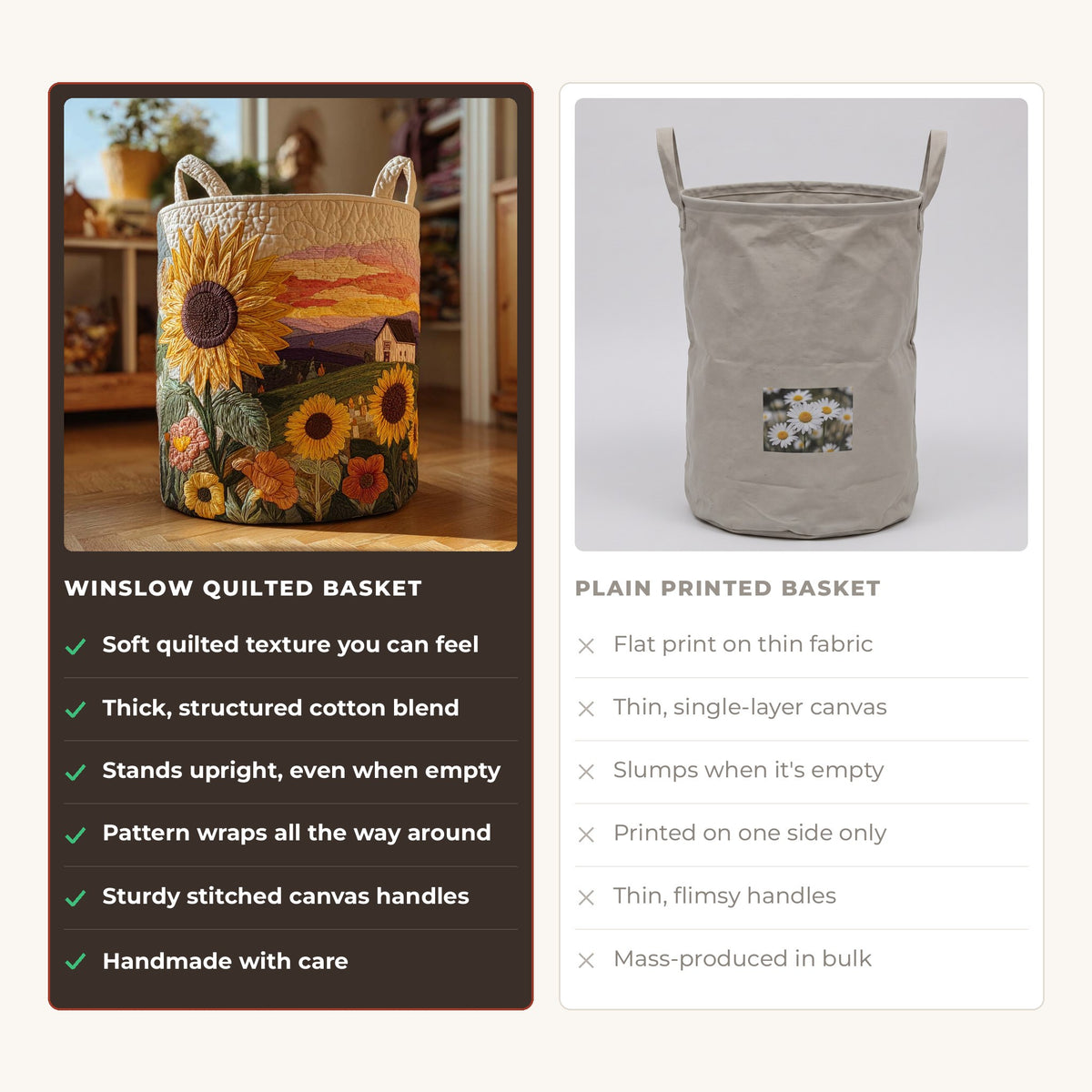 Quilted Laundry Basket - Radiant Sun compared with a plain printed basket