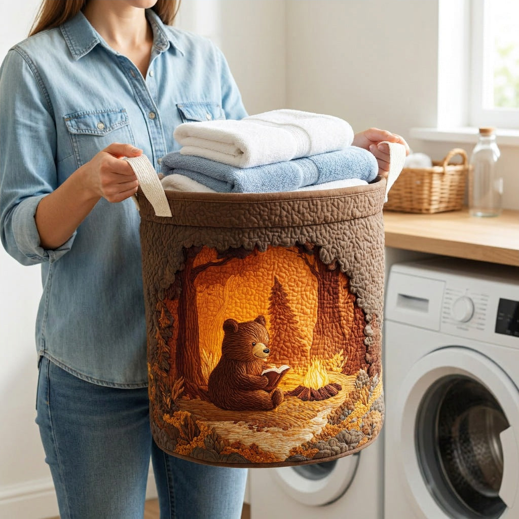 Quilted Laundry Basket - Reading Bear held in a laundry room, filled with towels