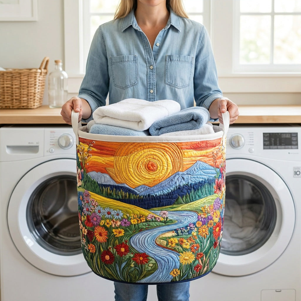 Quilted Laundry Basket - River Blossom held in a laundry room, filled with towels