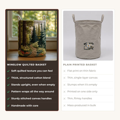 Quilted Laundry Basket - Riverbank compared with a plain printed basket
