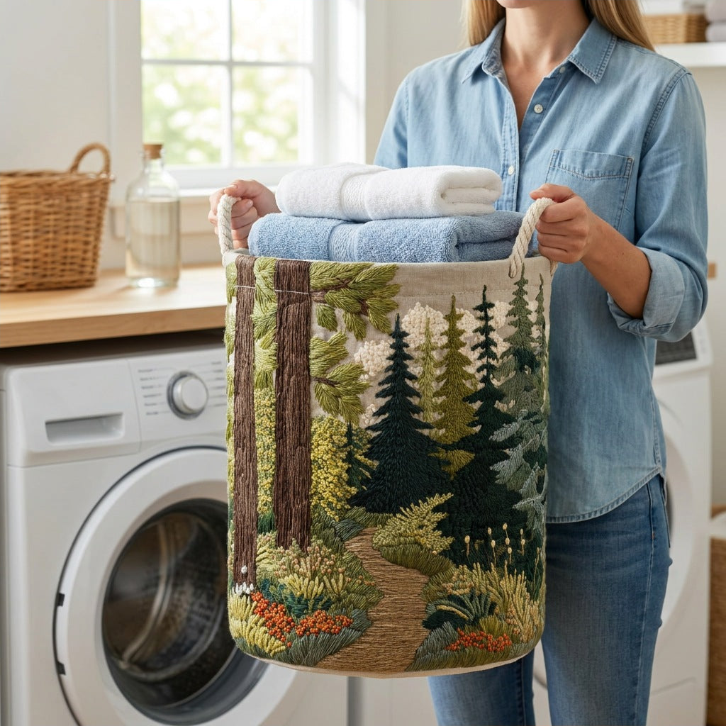 Quilted Laundry Basket - Riverbank held in a laundry room, filled with towels