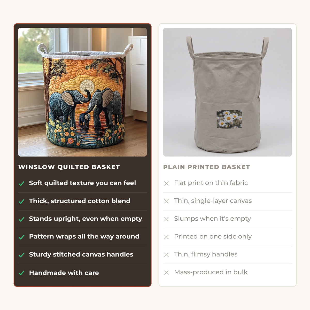 Quilted Laundry Basket - Rustic Elephant compared with a plain printed basket