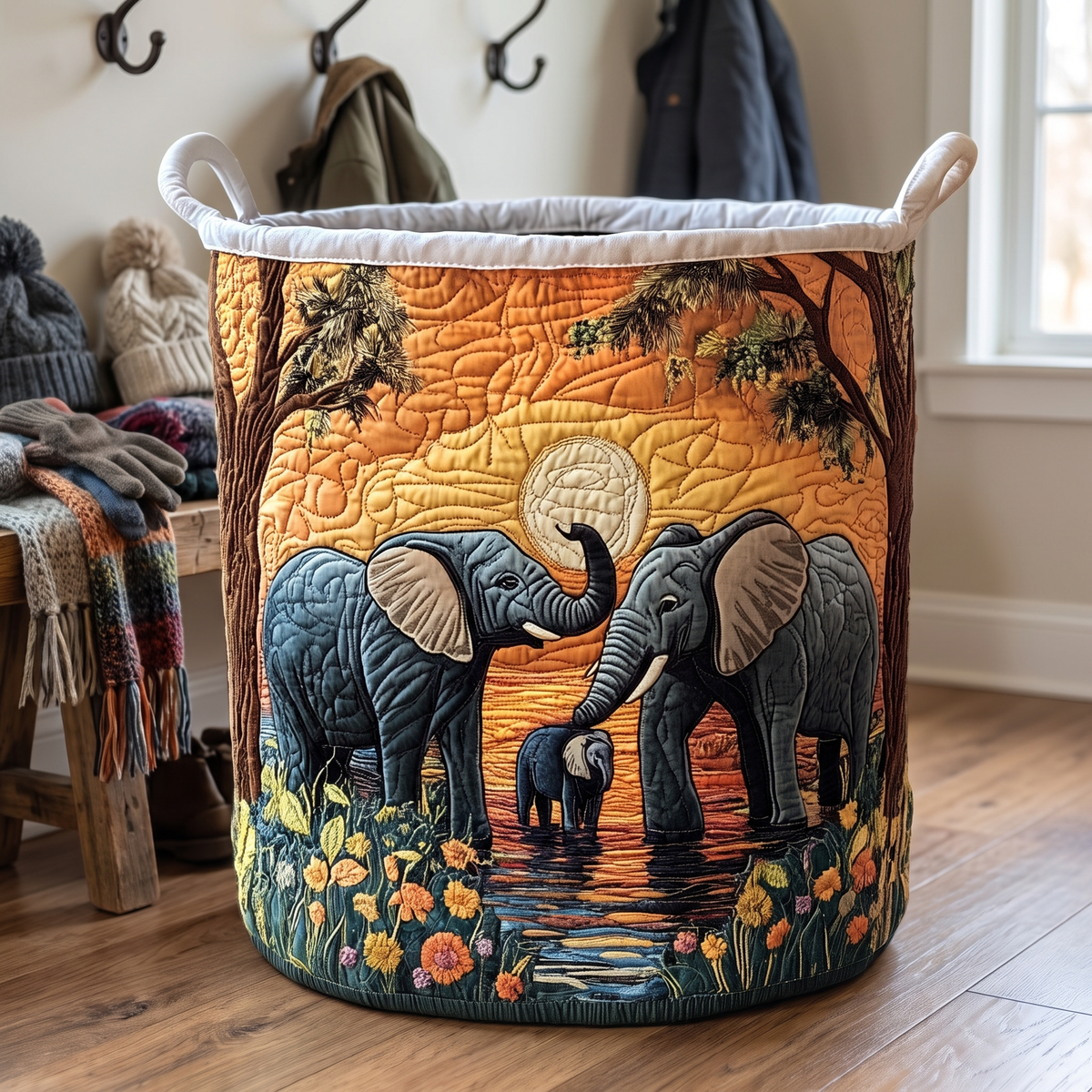 Quilted Laundry Basket - Rustic Elephant