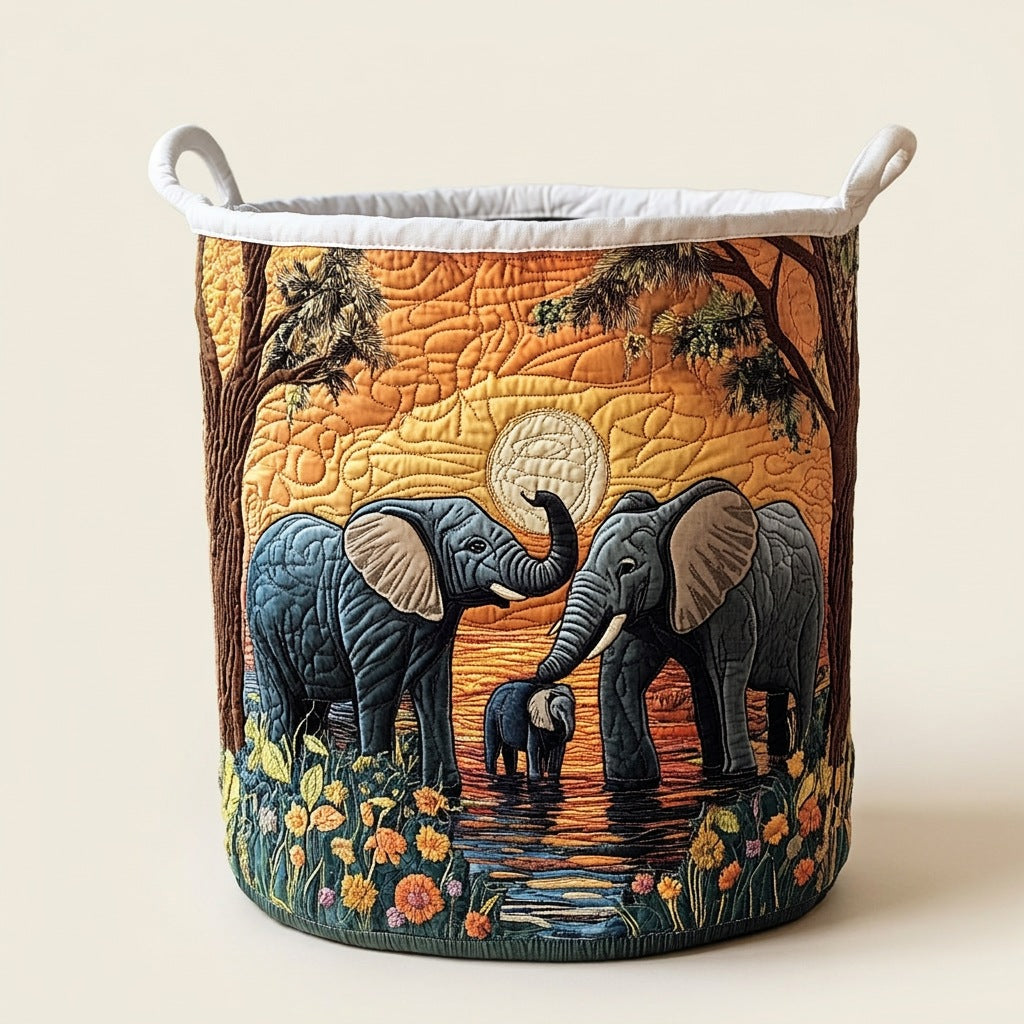 Quilted Laundry Basket - Rustic Elephant, studio photo