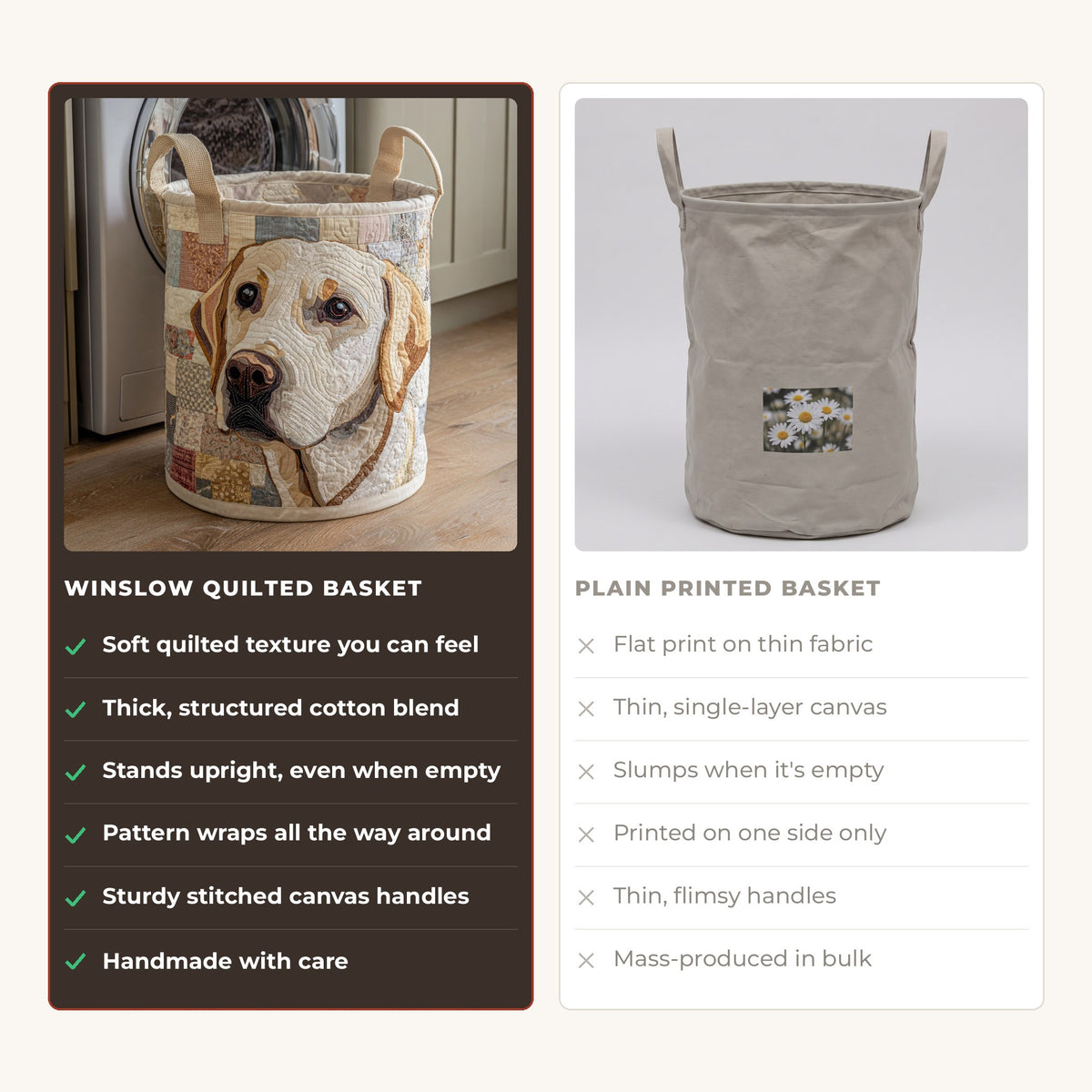 Quilted Laundry Basket - Rustic Labrador compared with a plain printed basket