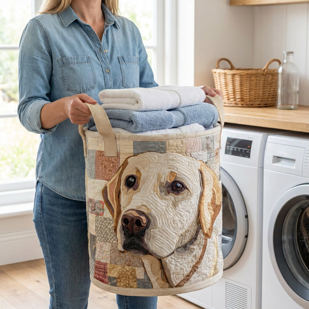 Quilted Laundry Basket - Rustic Labrador held in a laundry room, filled with towels