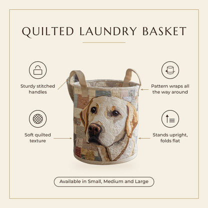 Quilted Laundry Basket - Rustic Labrador features infographic