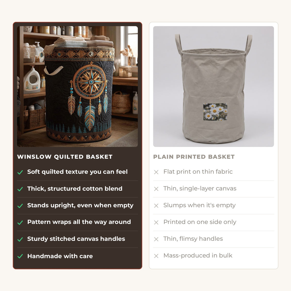 Quilted Laundry Basket - Sacred Dreams compared with a plain printed basket