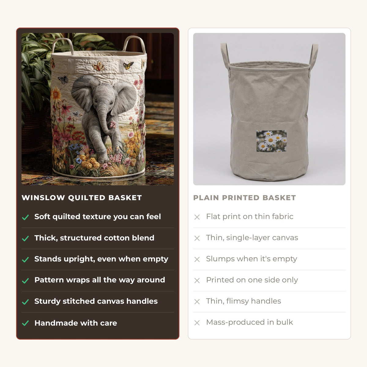 Quilted Laundry Basket - Safari Dream compared with a plain printed basket