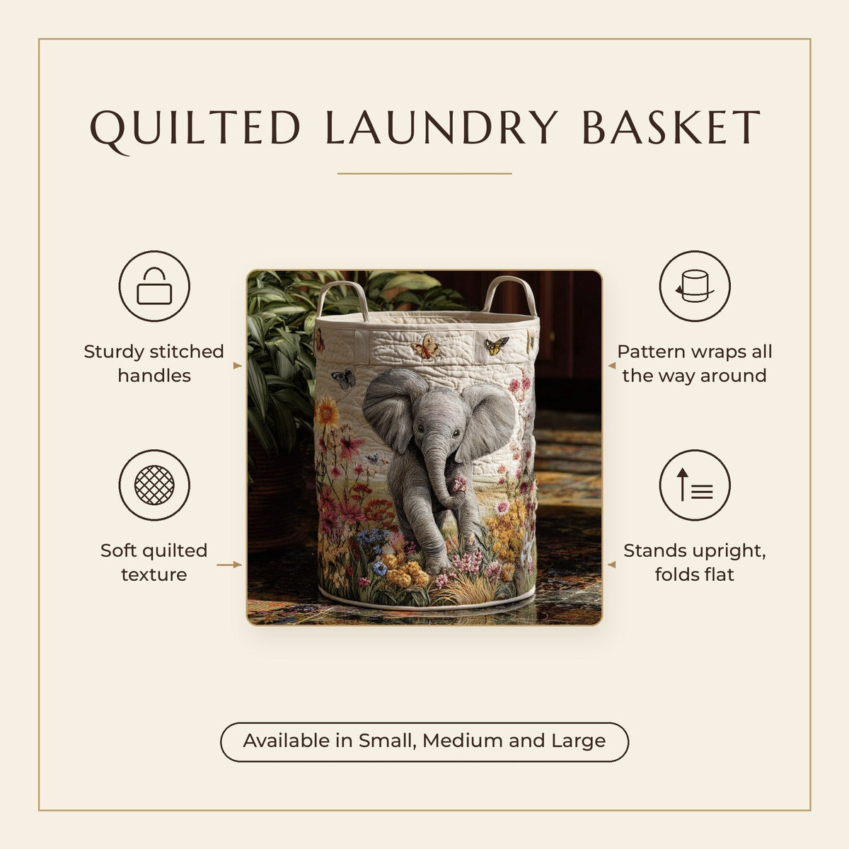 Quilted Laundry Basket - Safari Dream features infographic