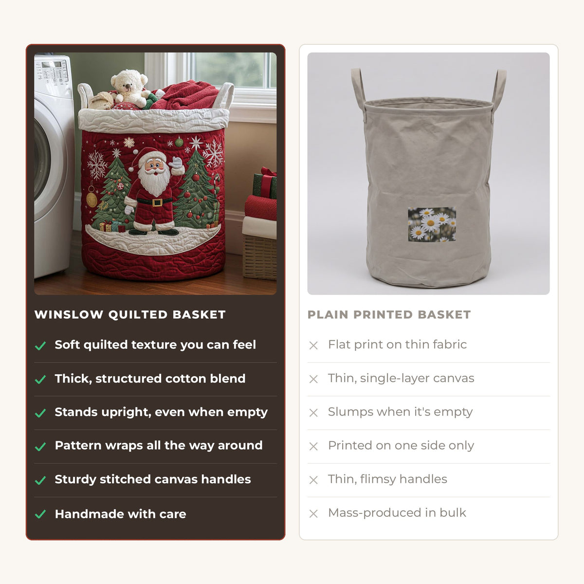 Quilted Laundry Basket - Santa's Joy compared with a plain printed basket