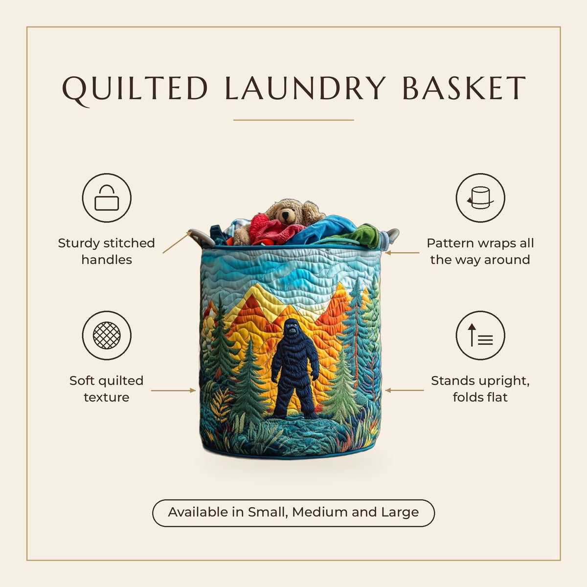 Quilted Laundry Basket - Sasquatch from the Mountains features infographic
