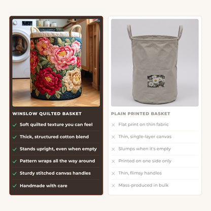 Quilted Laundry Basket - Scarlet Blossom compared with a plain printed basket