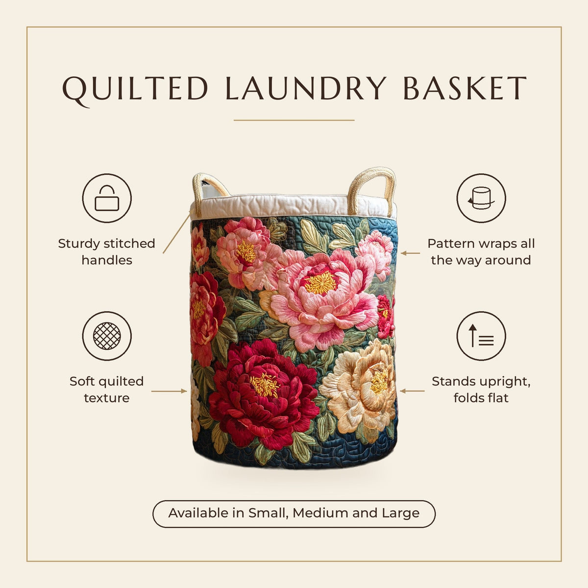 Quilted Laundry Basket - Scarlet Blossom features infographic
