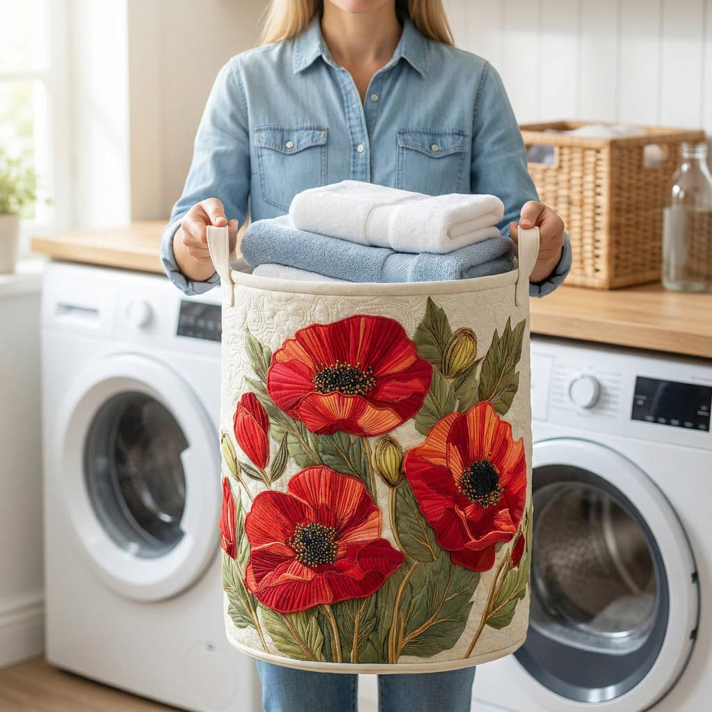 Quilted Laundry Basket - Scarlet Poppy Dream held in a laundry room, filled with towels