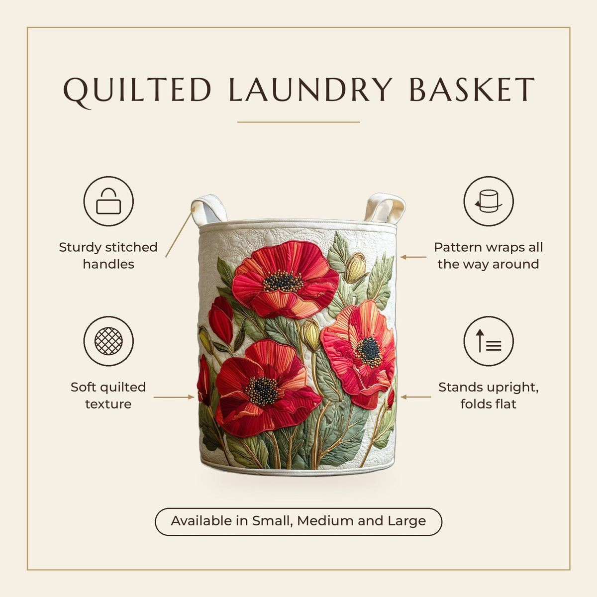 Quilted Laundry Basket - Scarlet Poppy Dream features infographic