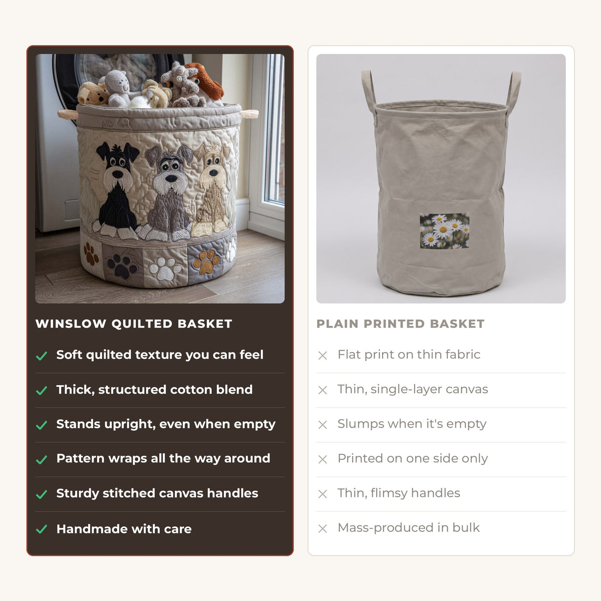 Quilted Laundry Basket - Schnauzer Sketch compared with a plain printed basket
