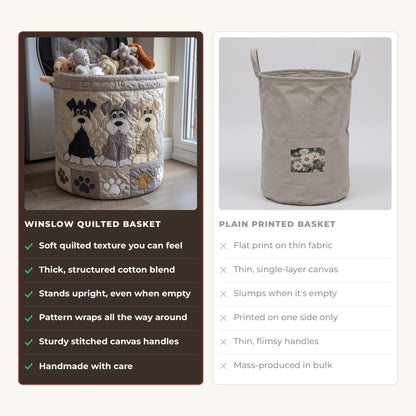 Quilted Laundry Basket - Schnauzer Sketch compared with a plain printed basket