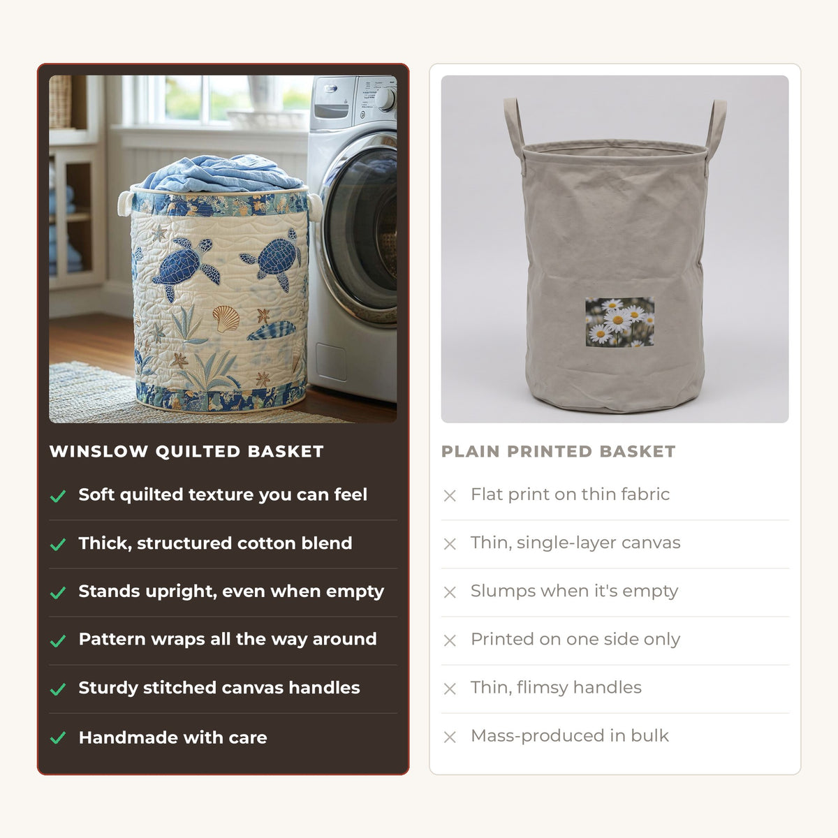 Quilted Laundry Basket - Sea Turtle compared with a plain printed basket