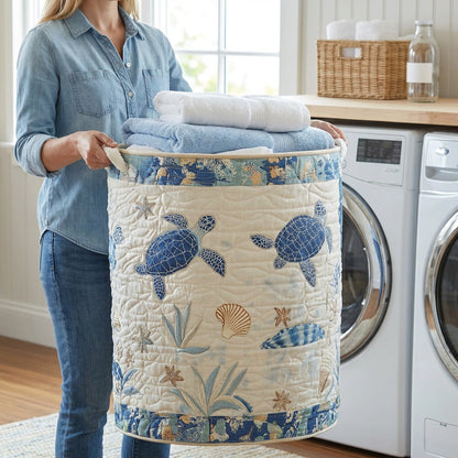 Quilted Laundry Basket - Sea Turtle held in a laundry room, filled with towels